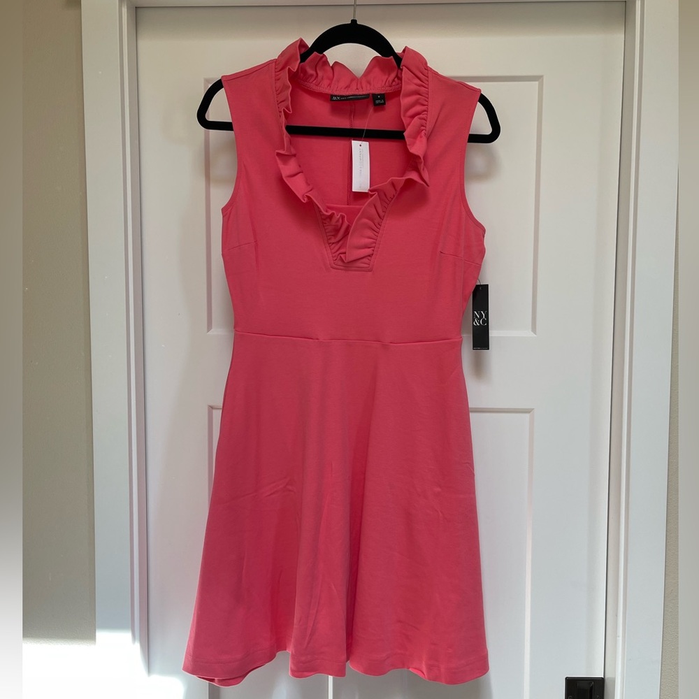 NWT NY&C Coral/Pink 100% Cotton Knit Fit & Flare Dress with pockets, Size Small